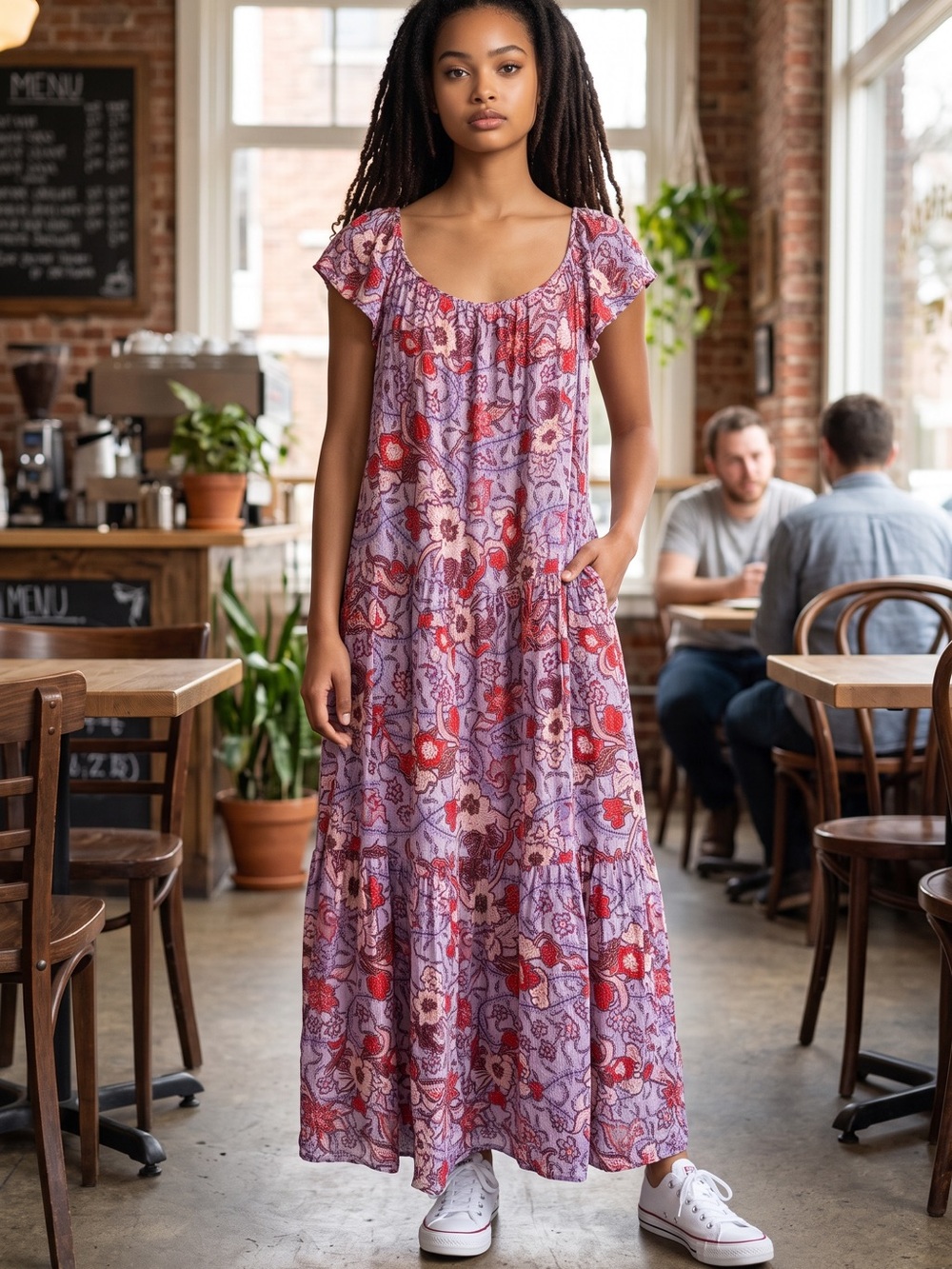 Knox Rose Lavender Maxi Dress with Red Floral Pattern